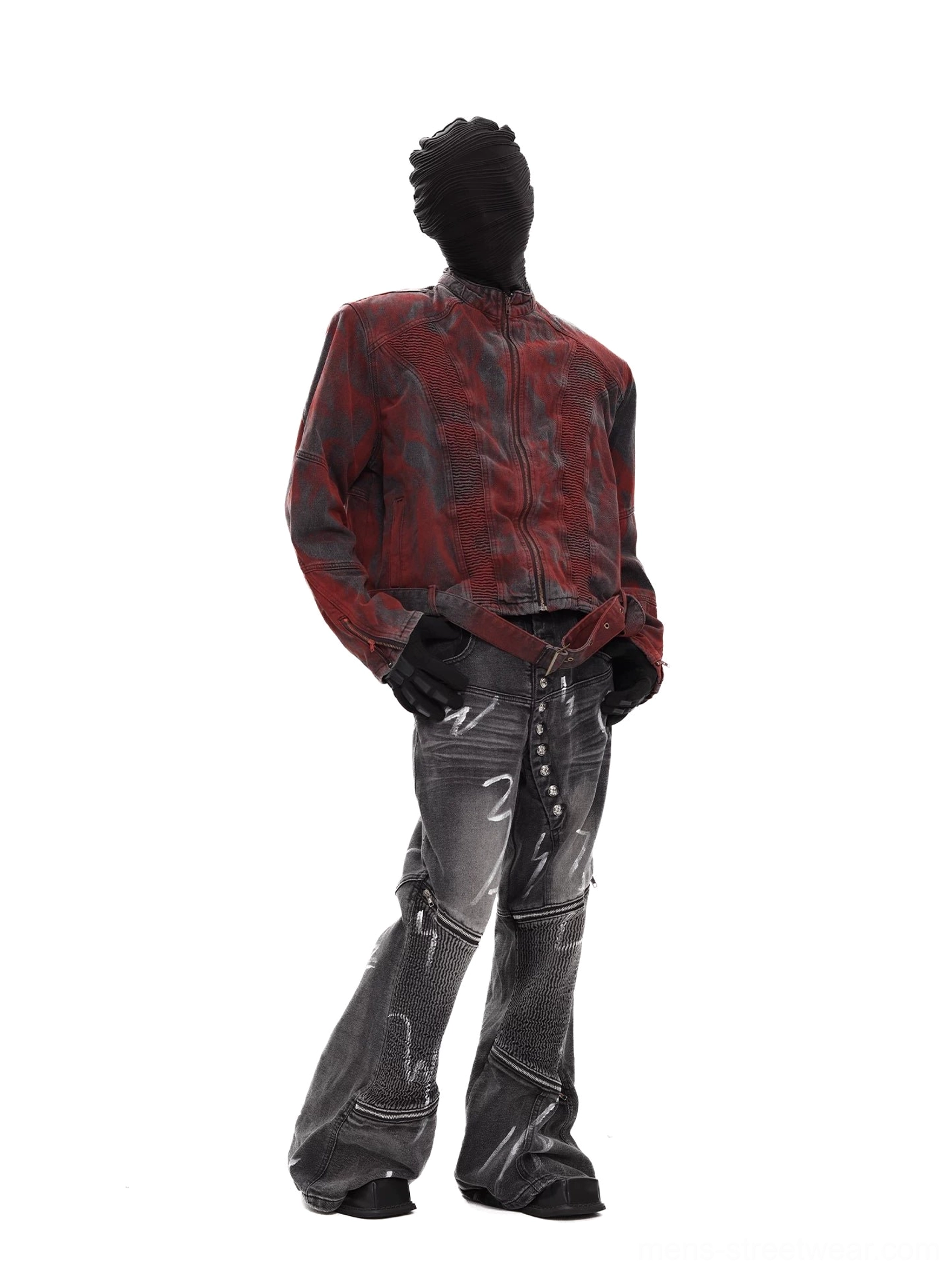 Left three-quarter view of washed red black moto denim jacket with stand collar, cinched hem belt, ruched torso panels, and cropped streetwear profile