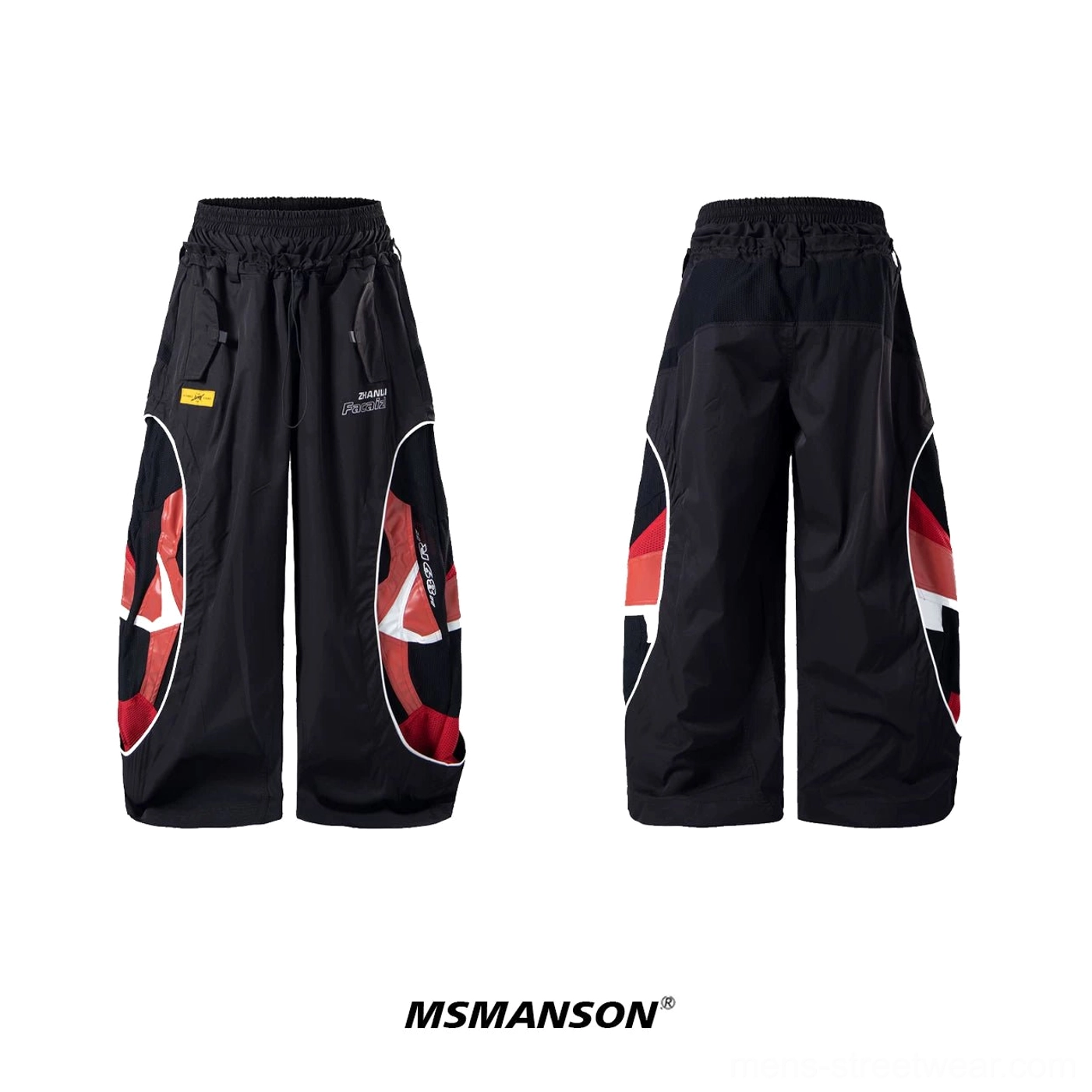 Black inferno vector wide-leg track pants flat lay front and back with red white graphic side panels