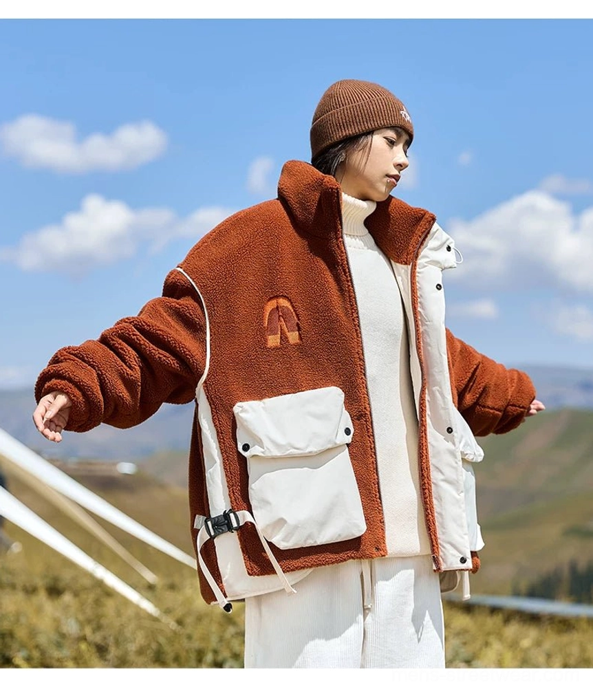 Insulated sherpa fleece jacket with utility pockets and relaxed oversized fit for contemporary outdoor fashion