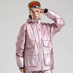 Iridescent pink ski storm shell jacket with holographic finish, hood, front cargo pockets, zip closure, and ski goggles styling