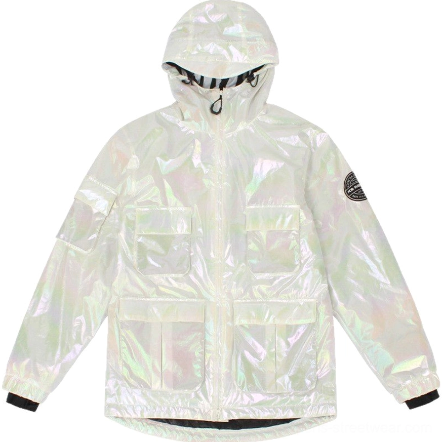 Iridescent white hooded outdoor storm jacket displayed from the front with holographic fabric, patch pockets, drawcord hood, and sleeve patch
