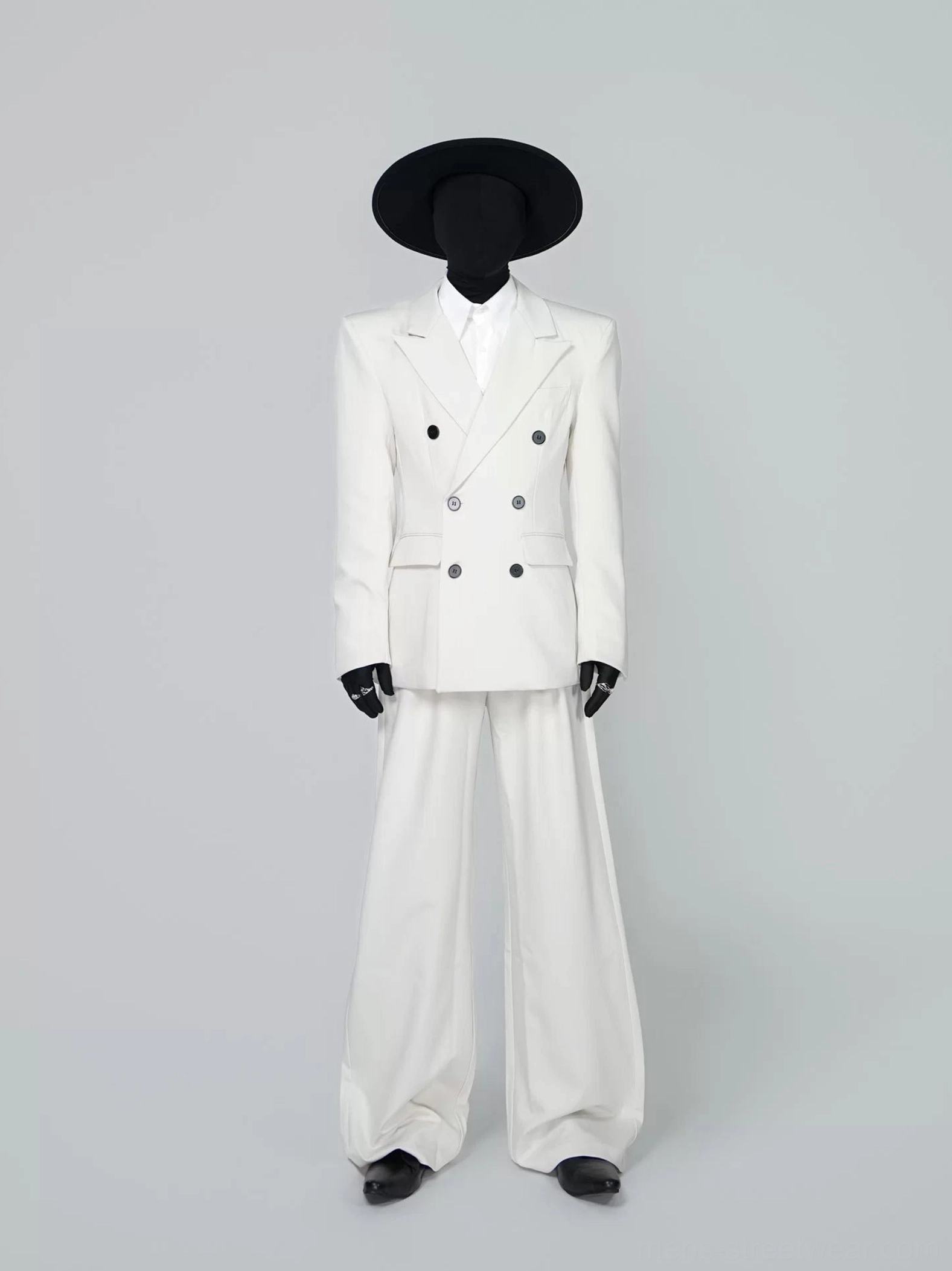 Ivory double-breasted power blazer with contrast buttons and matching wide-leg formal trousers front view