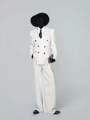 Ivory double-breasted power suit set with padded shoulders and wide-leg tailored trousers front three-quarter view