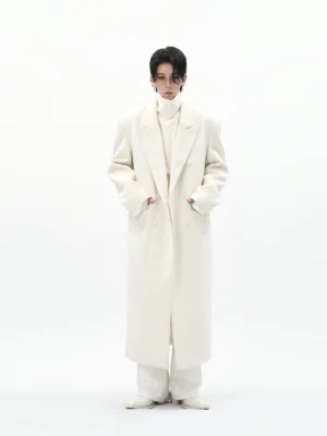 Men's off white long wool blend overcoat with wide notch lapels and double-breasted front shown in studio front view