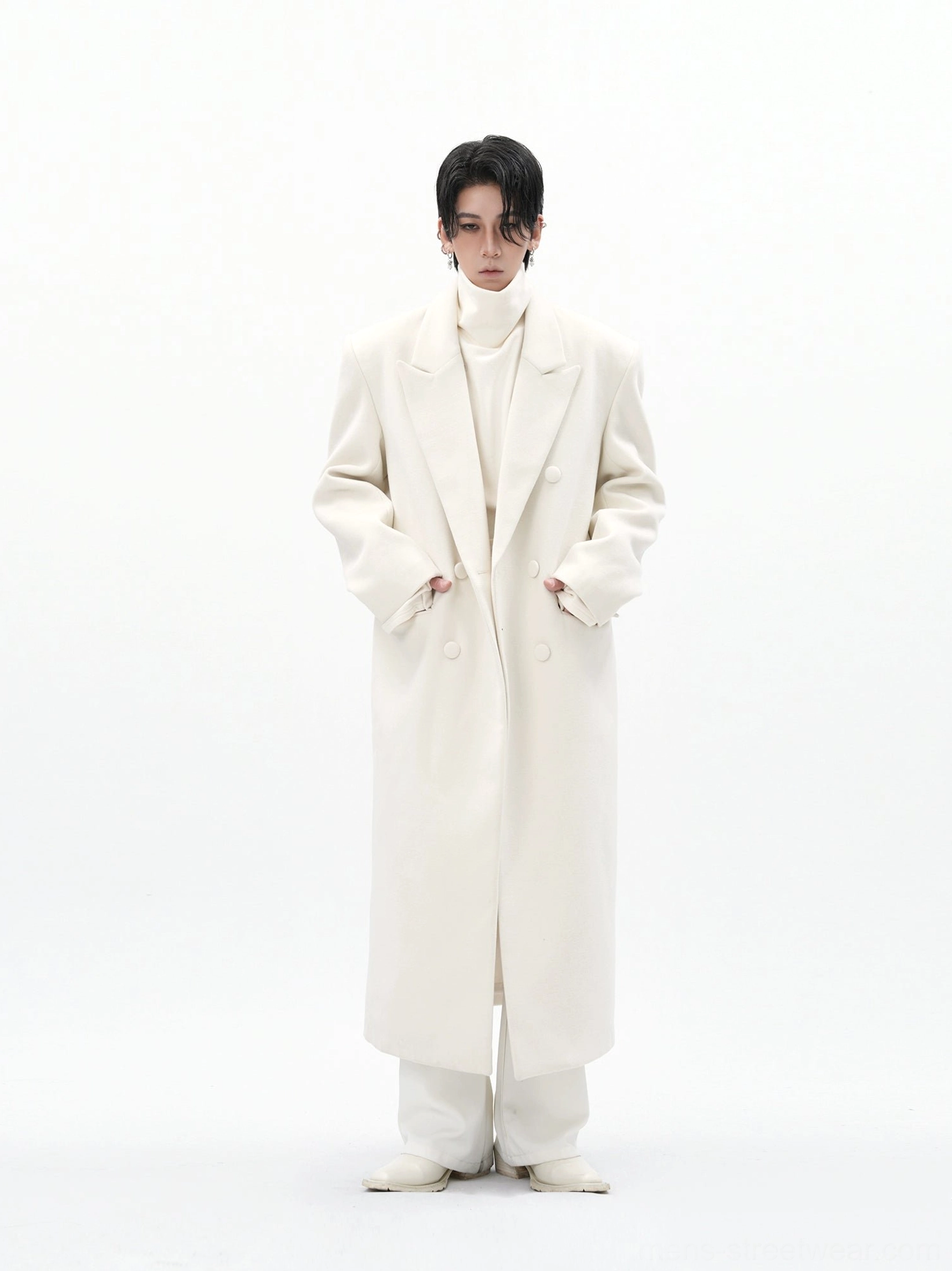 Men's off white long wool blend overcoat with wide notch lapels and double-breasted front shown in studio front view