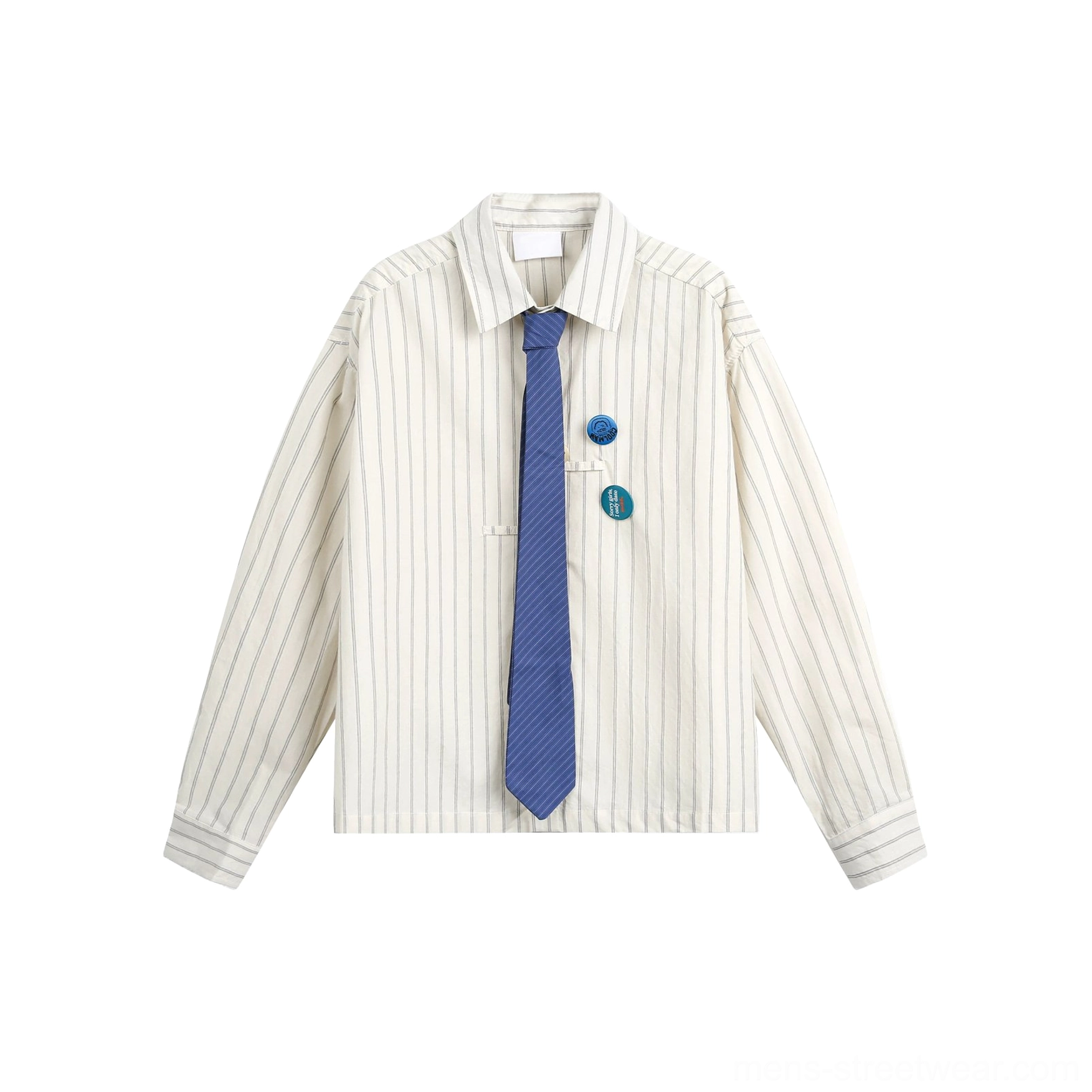 Flat lay of ivory grey pinstripe button-down Oxford shirt with pointed collar blue necktie and two blue chest brooches