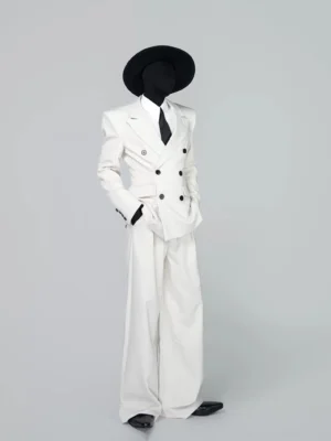 Ivory Korean style double-breasted blazer and wide-leg trousers suit set side three-quarter view