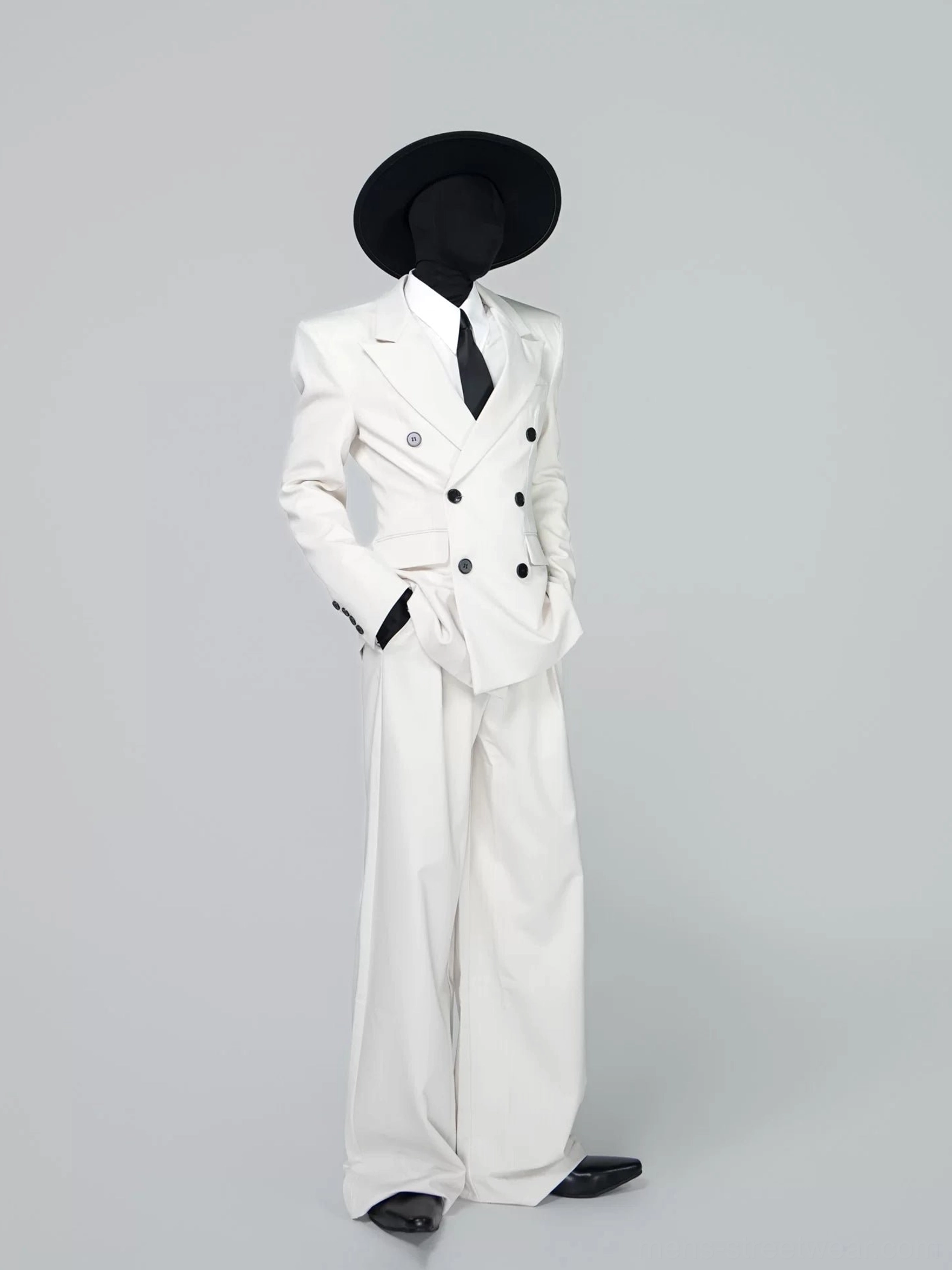 Ivory Korean style double-breasted blazer and wide-leg trousers suit set side three-quarter view