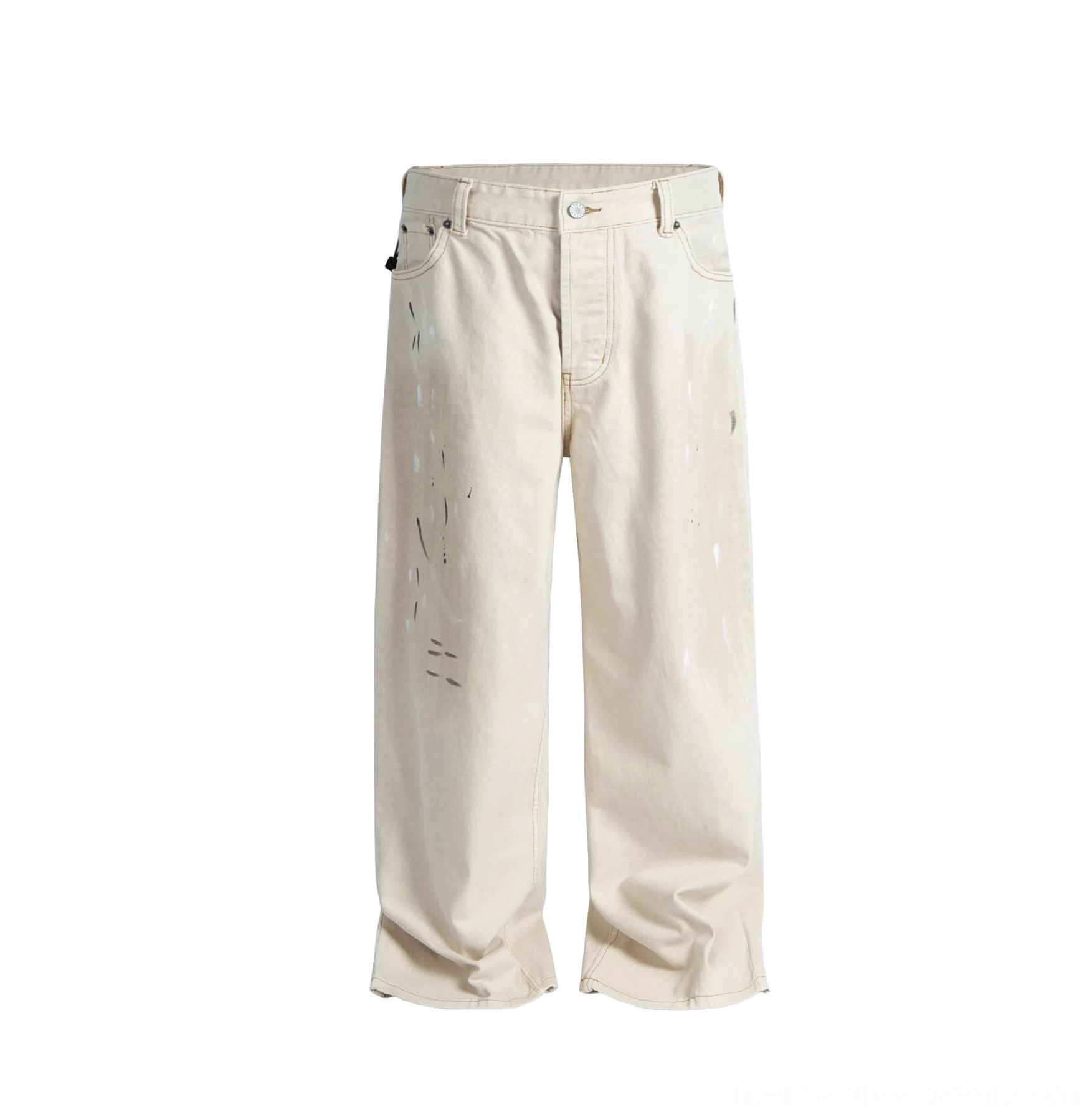 Flat lay front view of distressed white paintstroke balloon stack jeans with five pockets and wide leg cut