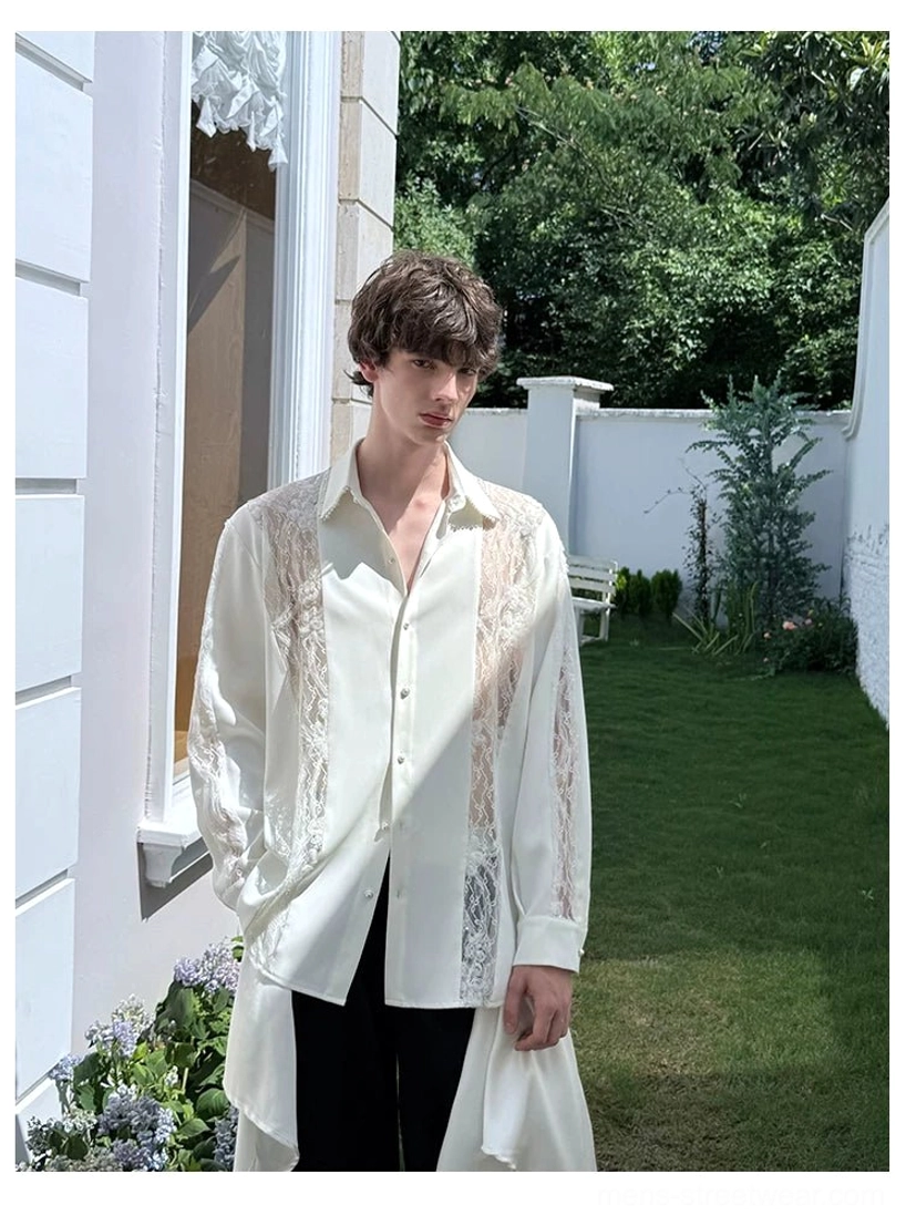 Men's off-white oversized lace shirt with translucent floral sleeve and front panel details in natural daylight