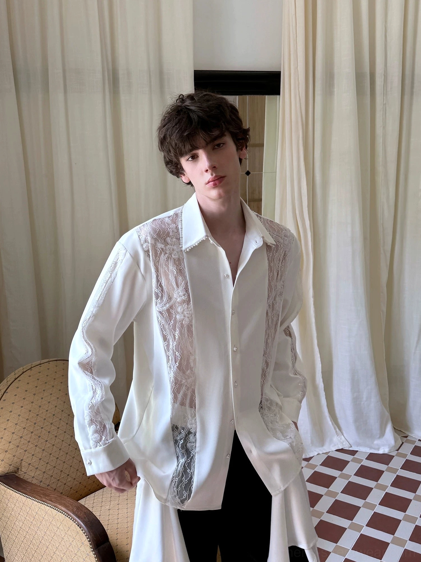 Men's ivory pearl lace panel oversized longline shirt shown in a front three-quarter full-body streetwear outfit