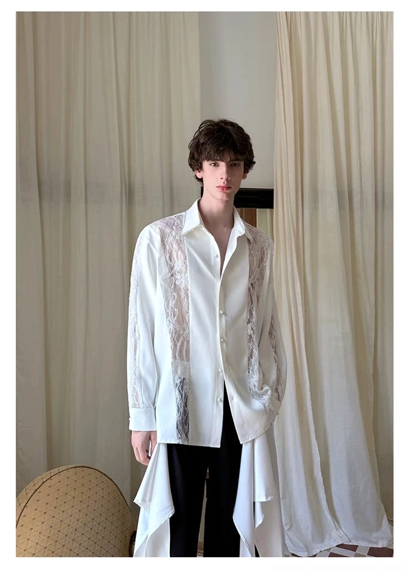 Front view of men's ivory longline button-down shirt with floral sheer lace panels and oversized fit