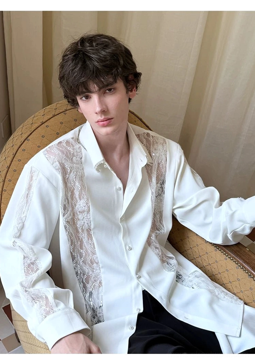 Men's ivory pearl lace panel button-down shirt showing longline proportions and contemporary Korean streetwear styling