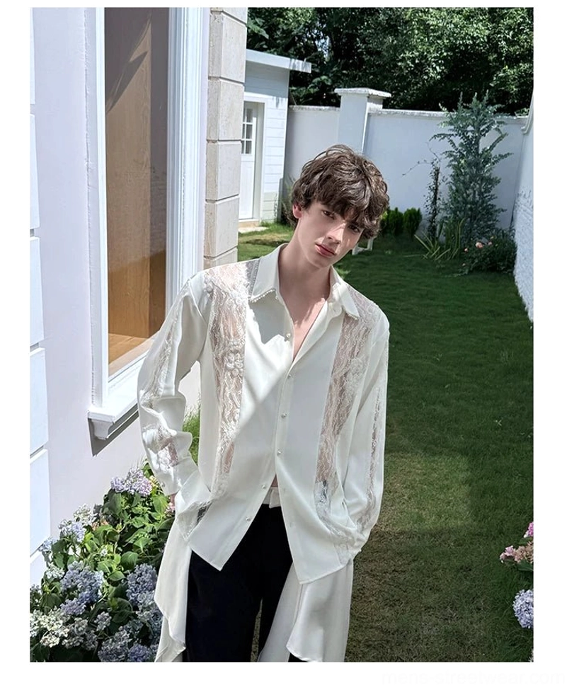 Three-quarter outdoor view of men's ivory pearl lace panel longline shirt with flowing oversized streetwear silhouette