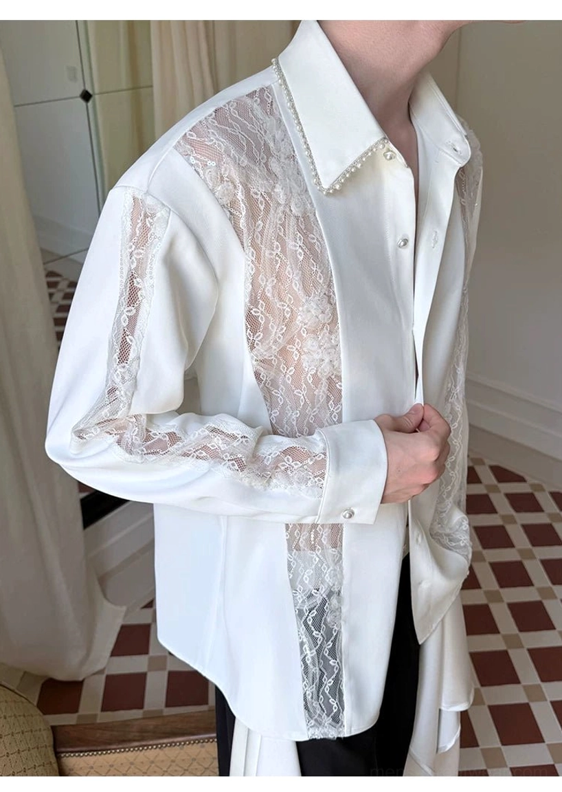 Detailed close-up of pearl-style collar trim, button placket, floral sheer lace panels, and cuff on ivory men's shirt