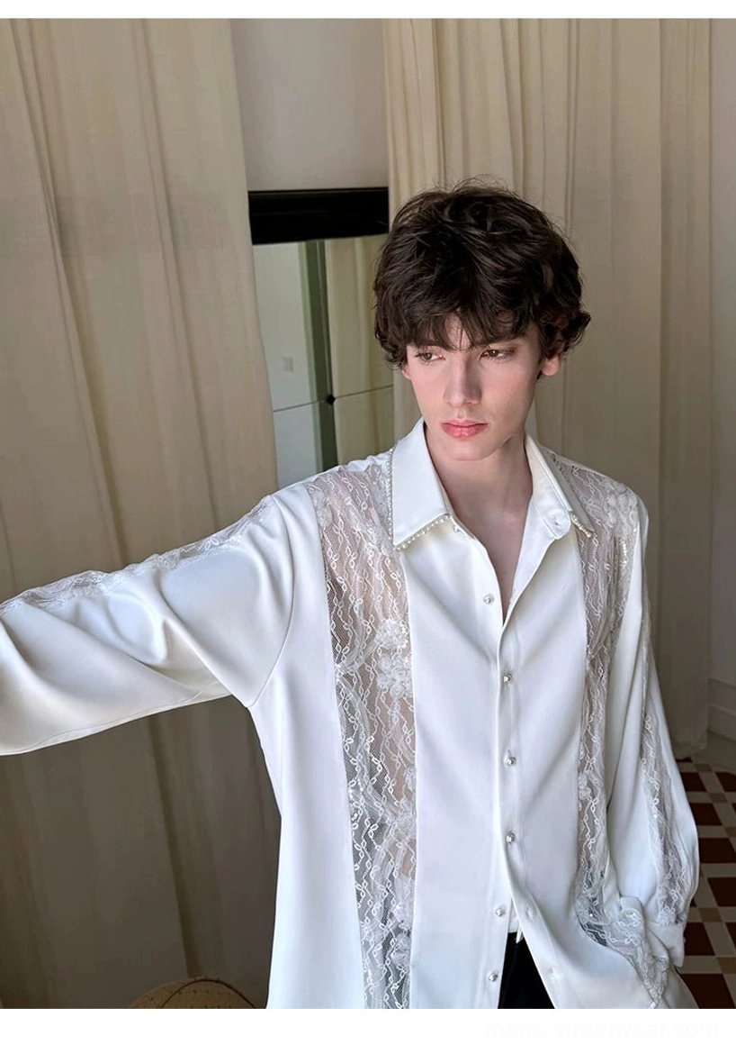Ivory pearl lace panel oversized longline shirt for men featuring a relaxed fit and decorative sheer lace design