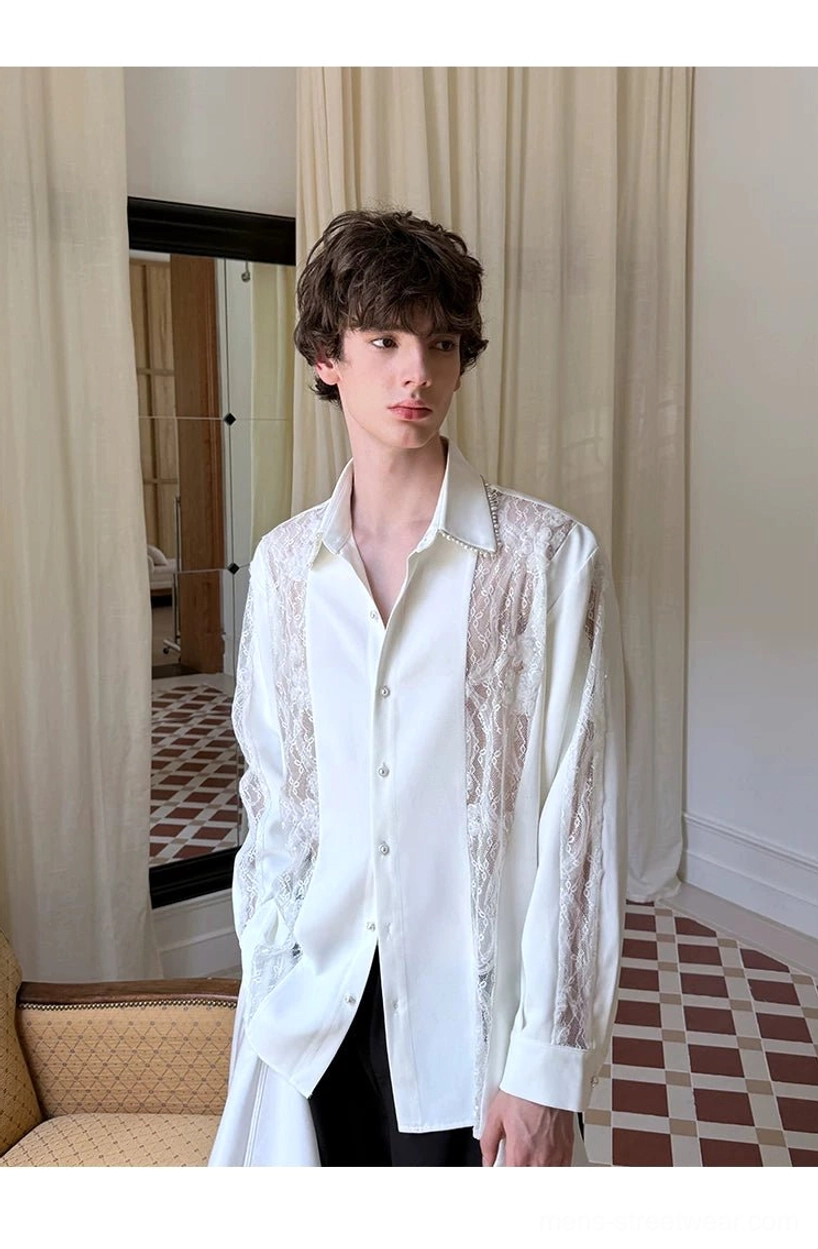White men's oversized longline lace shirt with pearl-style collar accent and floral panel construction