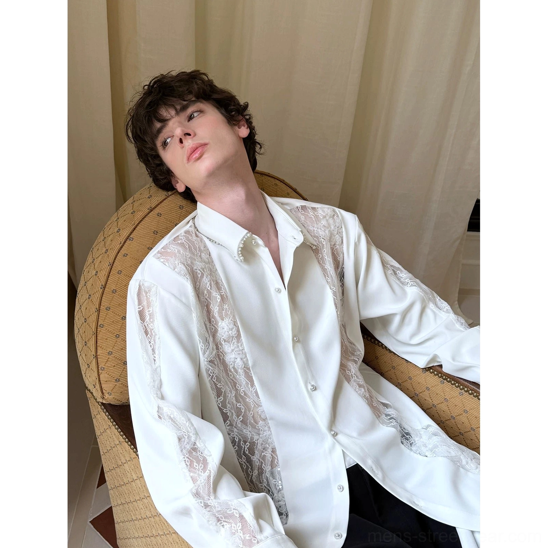 White ivory pearl lace panel oversized longline shirt for men product view with sheer floral lace details