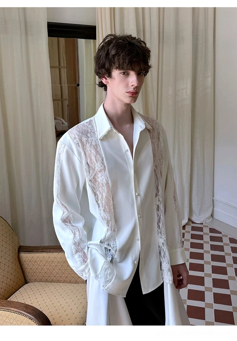 Men's ivory pearl lace panel oversized longline shirt in white showing refined streetwear button-down styling