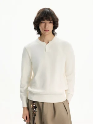 Men's ivory waffle Henley knit sweater front full-body view with single-button collar ribbed cuffs and Korean streetwear styling