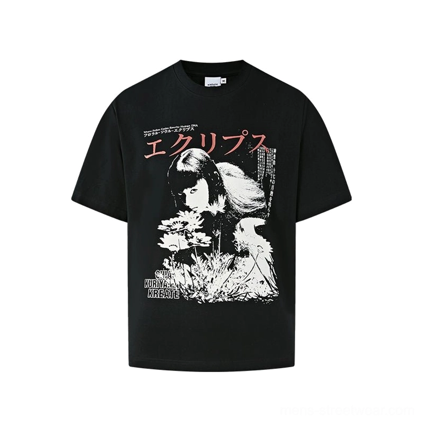 Japanese graphic print cotton blend T-shirt product image featuring monochrome anime-inspired artwork and red Japanese typography