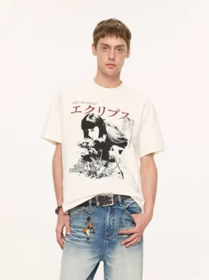 Off-white Japanese retro anime graphic T-shirt with floral portrait print and red Japanese text styled with light blue vintage jeans