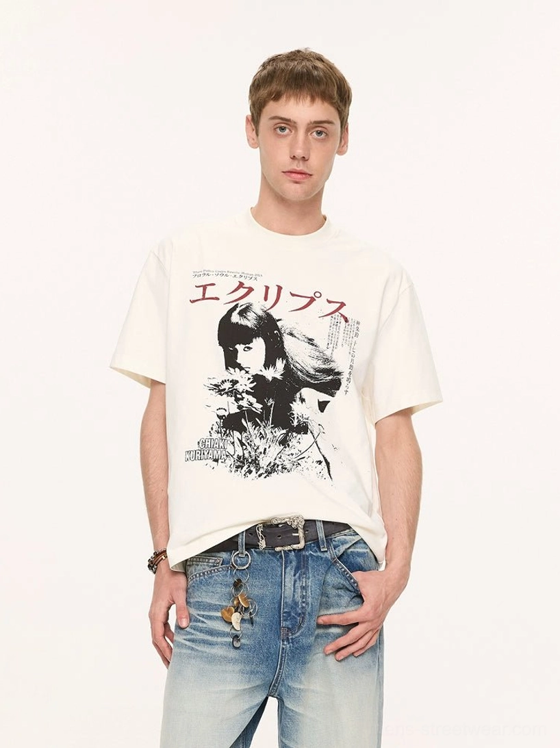 Off-white Japanese retro anime graphic T-shirt with floral portrait print and red Japanese text styled with light blue vintage jeans