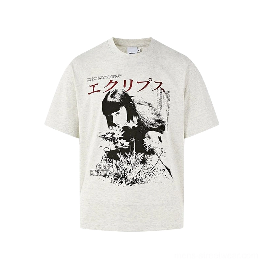 Japanese retro graphic print T-shirt product image with relaxed boxy fit, soft cotton blend, and East Asian streetwear aesthetic