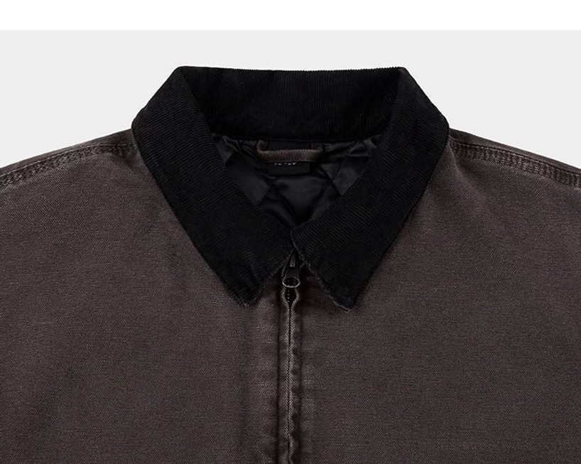 Japanese workwear inspired cotton jacket with two-tone color blocking, corduroy collar, and practical everyday construction