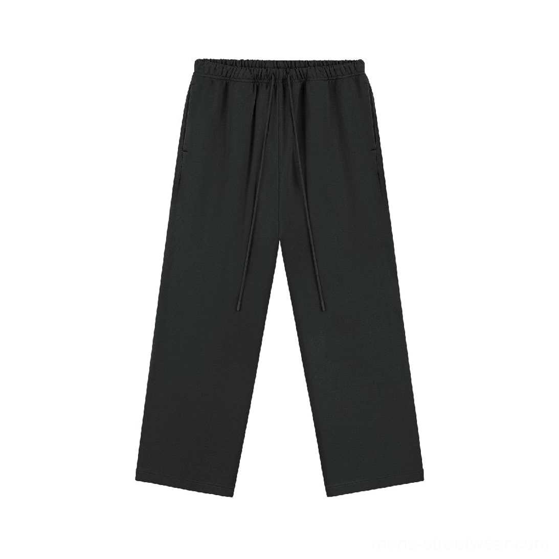 Jet black 400GSM cotton straight leg sweatpants flat lay with drawstring elastic waist and wide hem