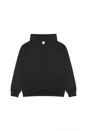 Jet black oversized raglan sleeve hoodie with kangaroo pocket and minimalist Korean streetwear design