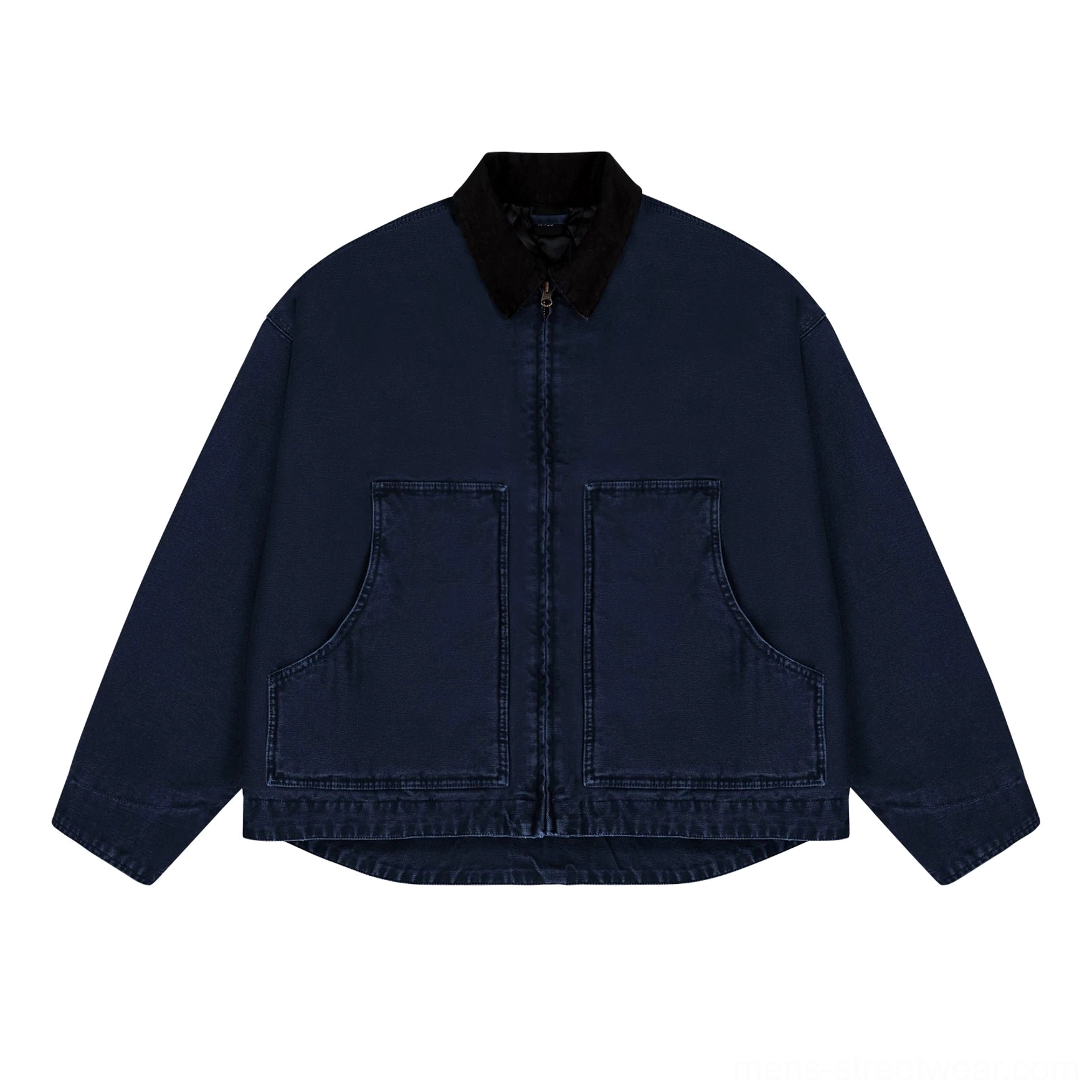 K-pop style casual outerwear jacket with a boxy fit, contrast corduroy collar, and practical utility design