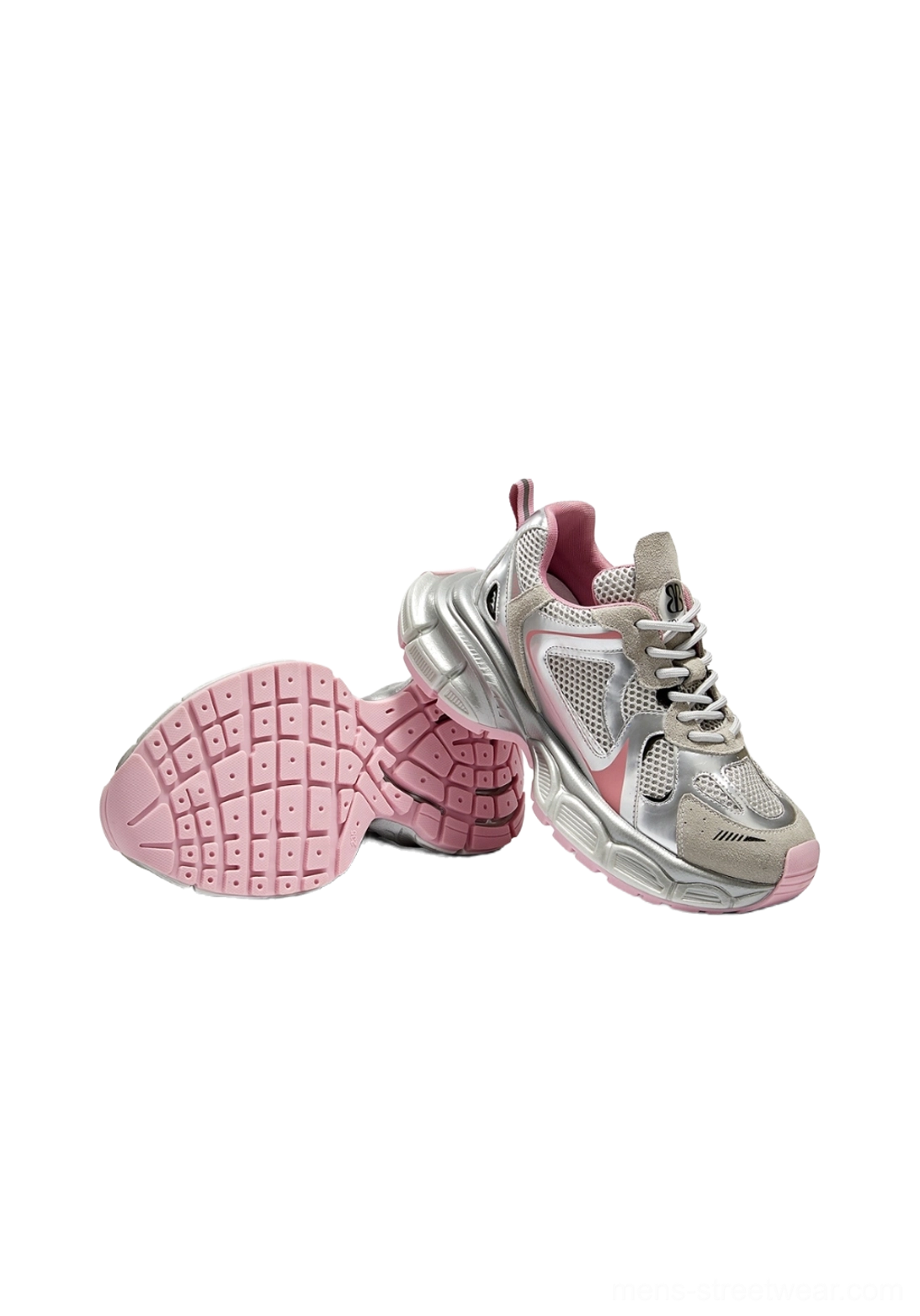 K-pop style chunky runner sneakers with layered mesh upper, metallic panels, and bold contemporary silhouette
