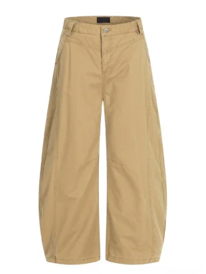 Khaki barrel leg cotton twill chino pants front view with curved wide leg panels and button zip closure