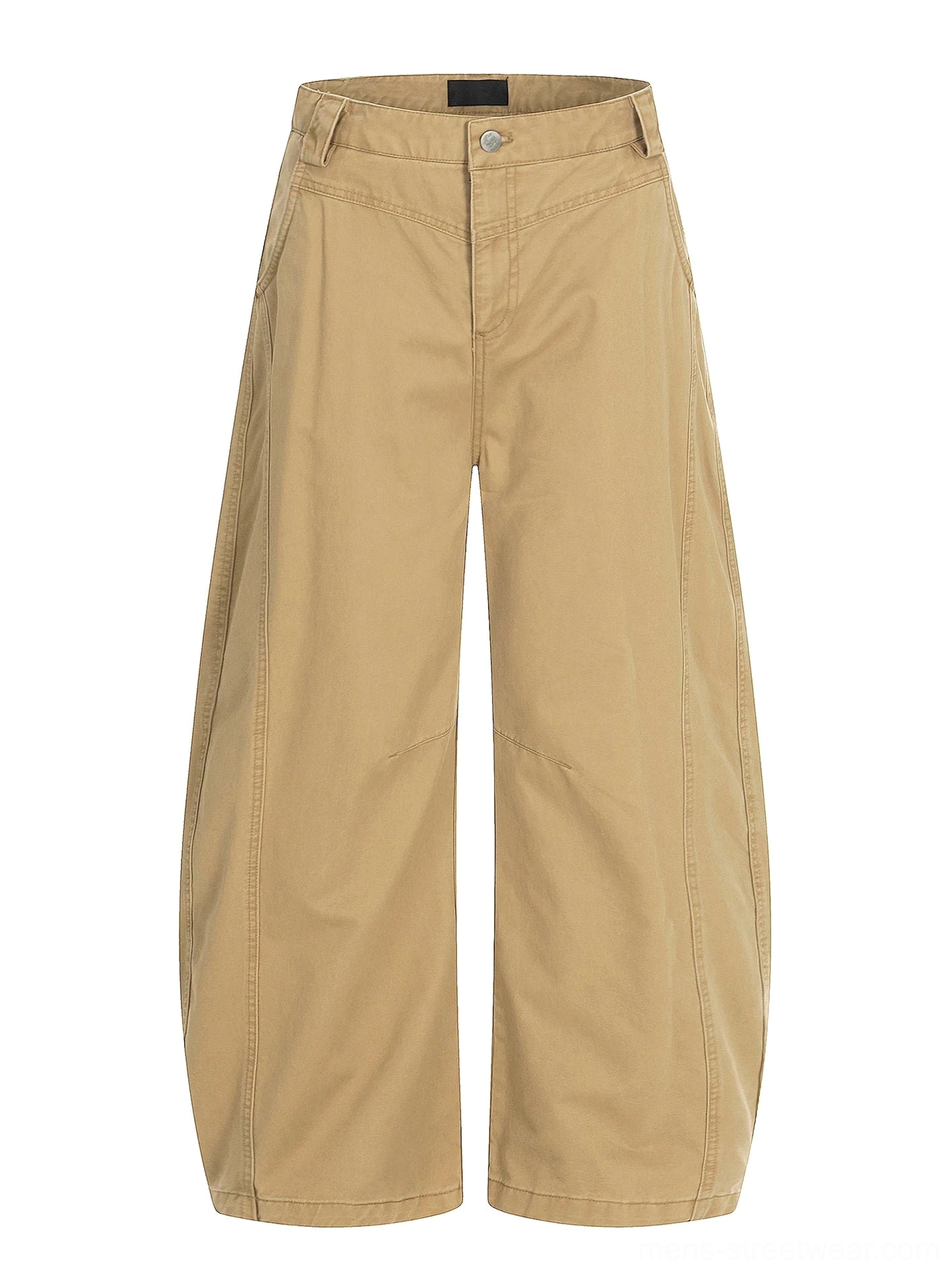 Khaki barrel leg cotton twill chino pants front view with curved wide leg panels and button zip closure