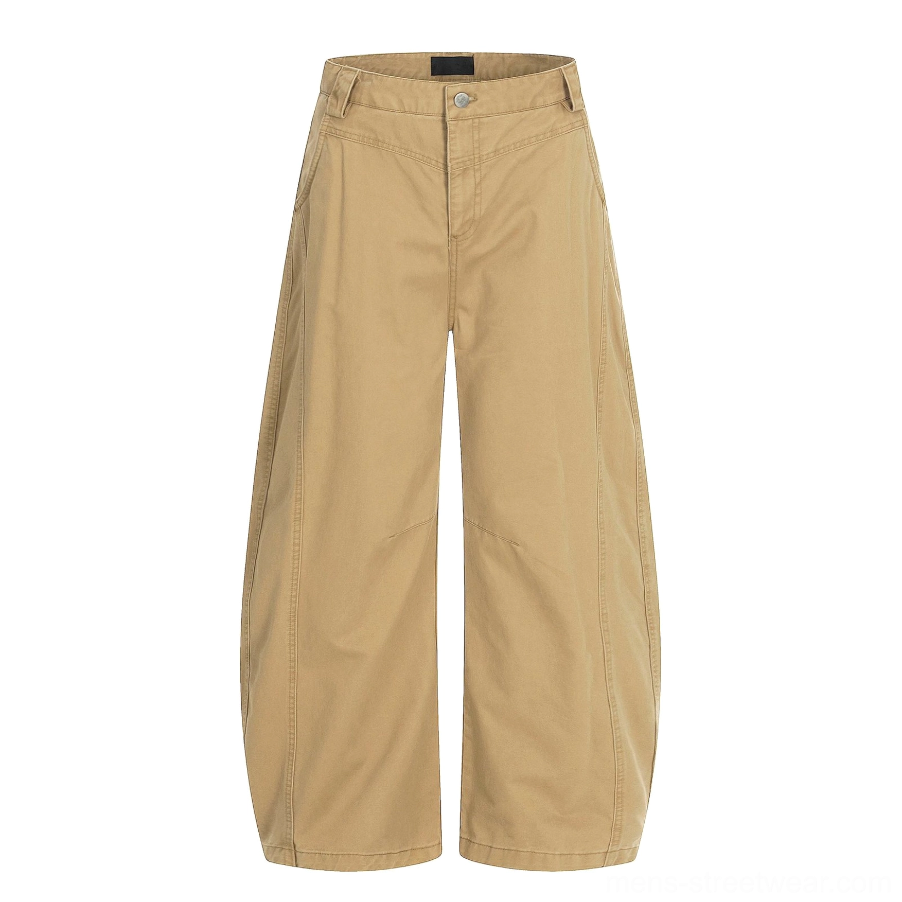 Khaki barrel leg cotton twill chino pants full front view with relaxed wide silhouette and curved seamed legs