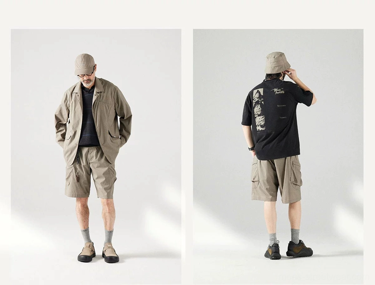 Khaki breathable utility cargo shorts shown from front and back with a loose above-knee silhouette for casual outdoor wear