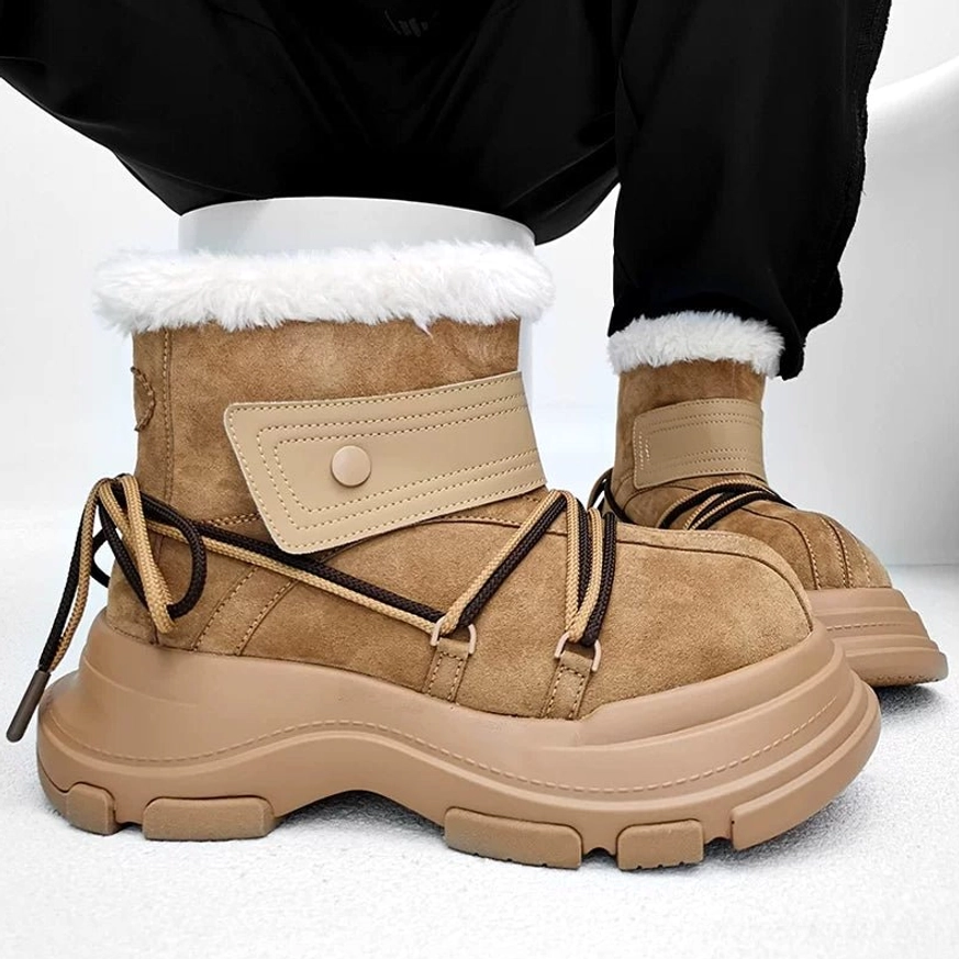 Close front view of khaki chunky platform snow boots featuring fluffy faux-shearling cuff, brown cross laces, and utility strap