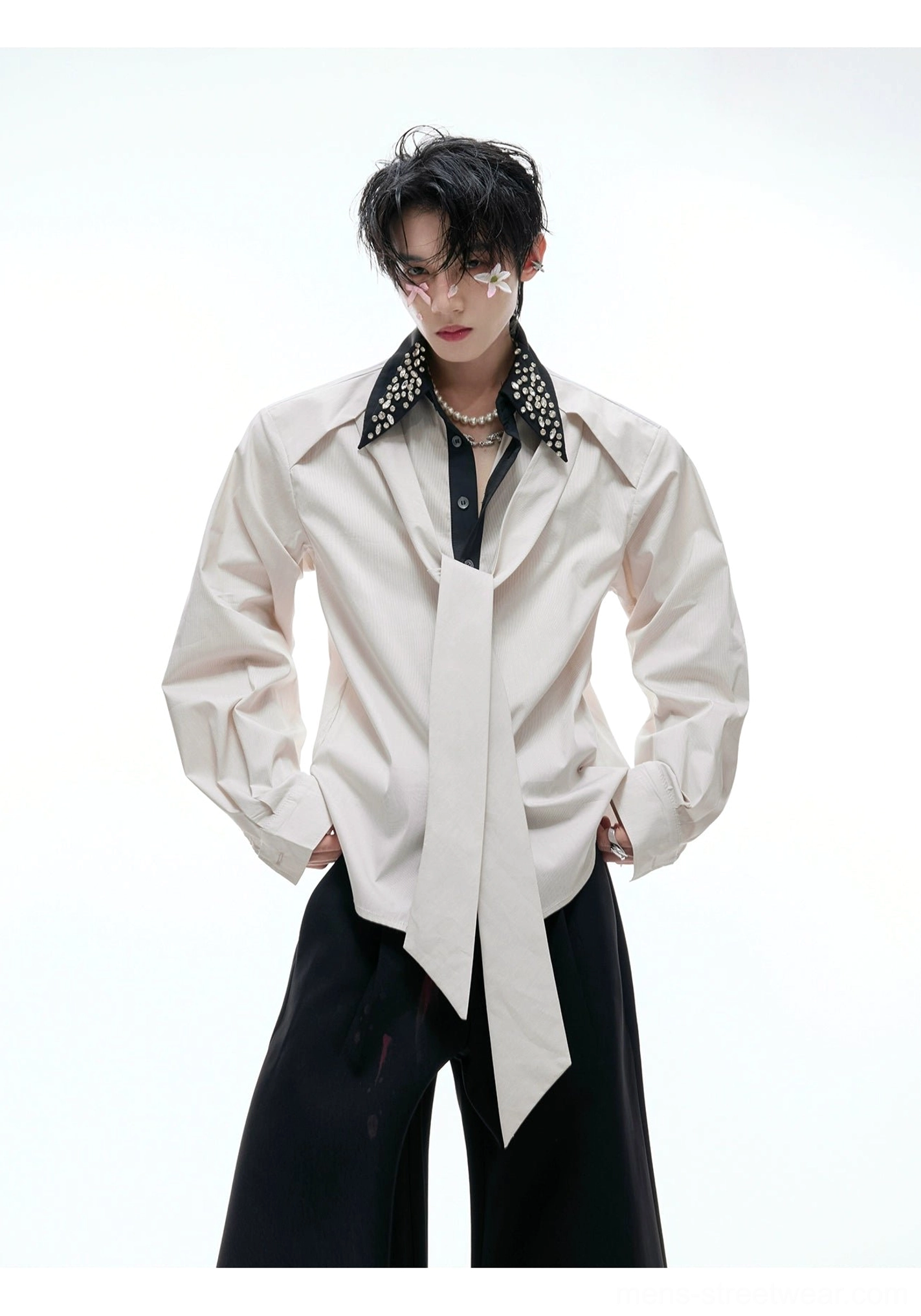 Khaki embellished double collar streetwear dress shirt with open long tie styling and relaxed silhouette front view