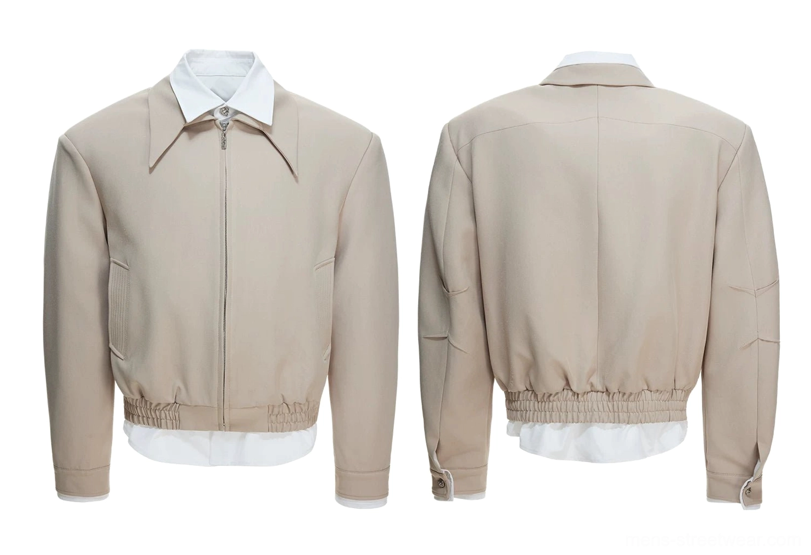 Front and back flat lay views of a khaki false-layer zip blouson with a contrast shirt collar and exposed hem