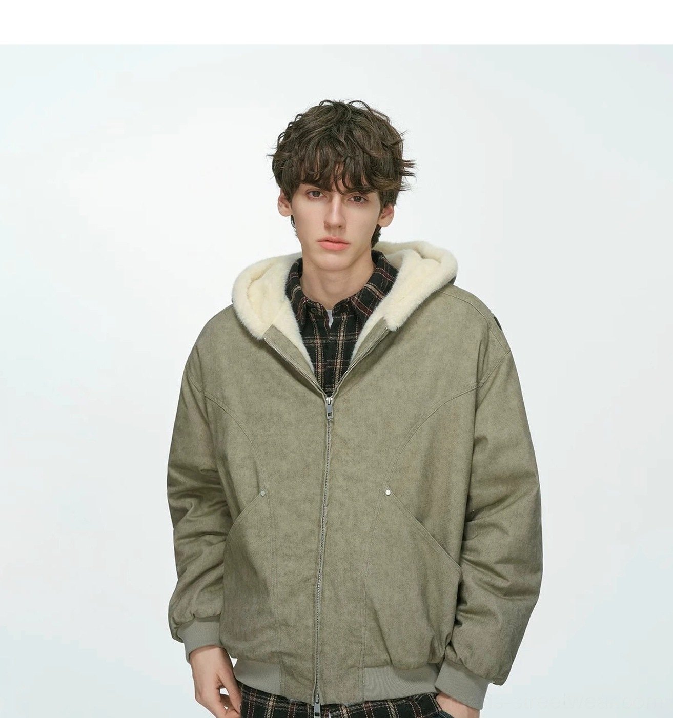 Khaki faux-shearling lined hooded bomber jacket front close-up with full zipper closure