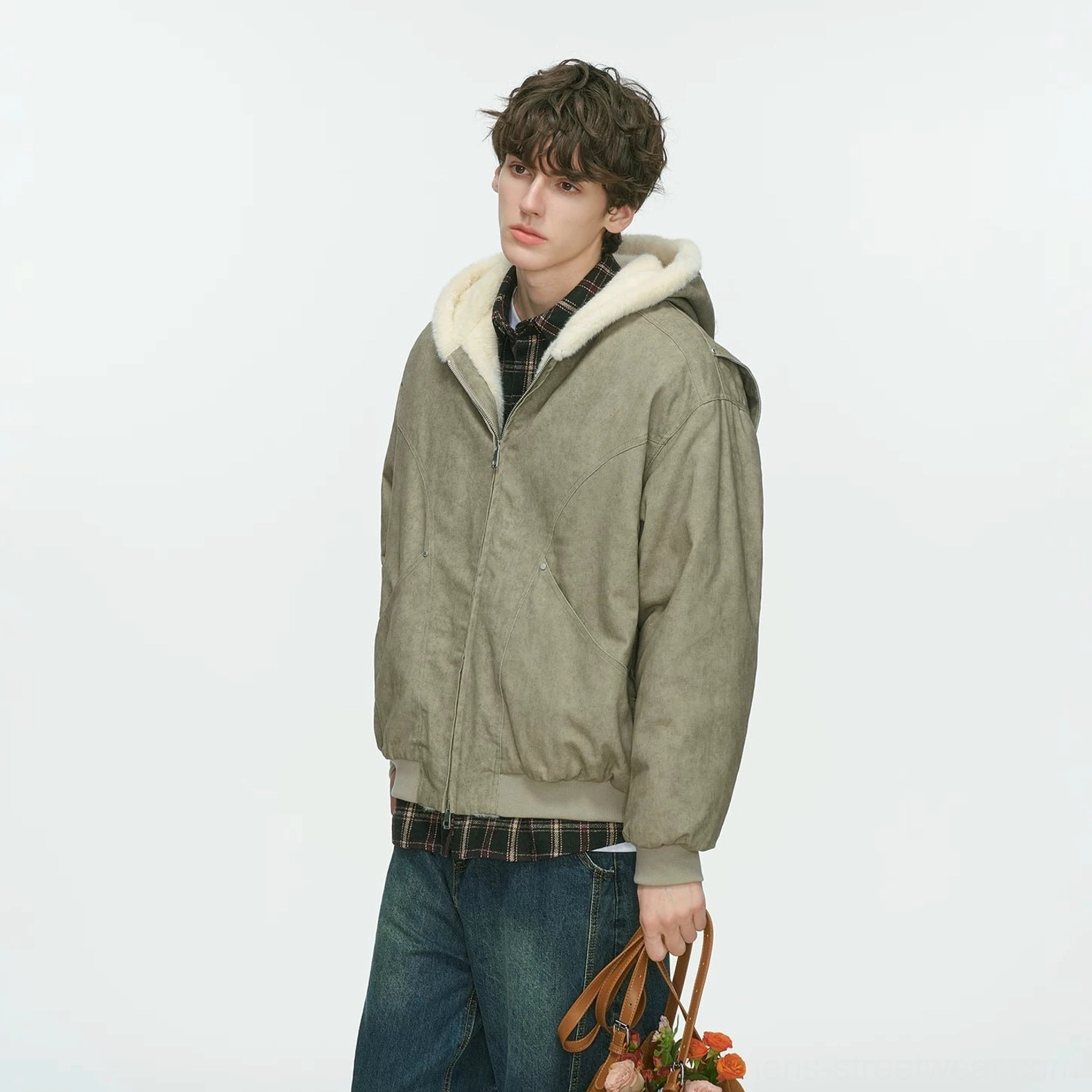 Khaki faux-shearling lined hooded bomber jacket winter streetwear color option