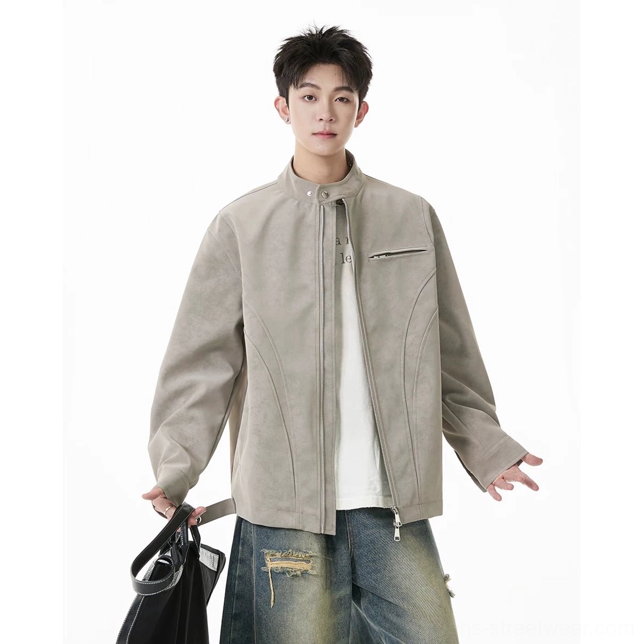 Khaki faux suede stand collar moto zip jacket styled with ripped denim and tote bag in a Korean streetwear outfit