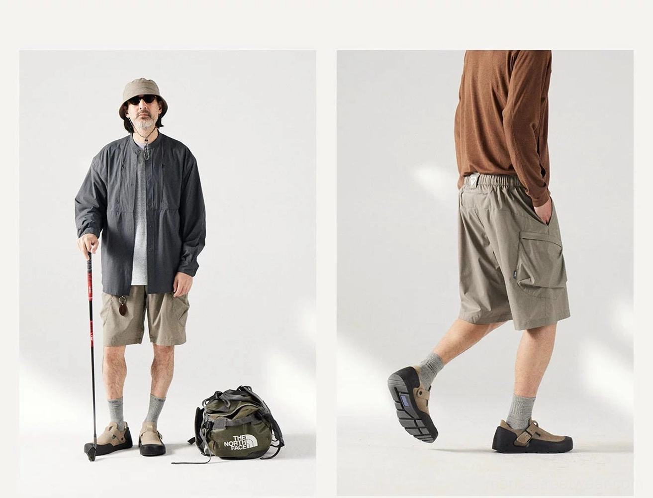Khaki utility cargo shorts styled with outdoor accessories, hiking gear, and comfortable loose fit for gorpcore streetwear outfits