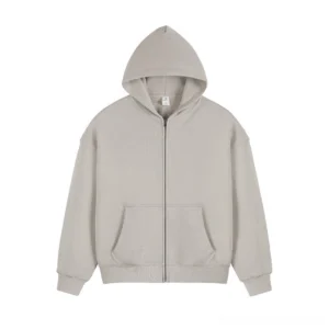 Khaki heavyweight oversized full zip cotton fleece hoodie with hood ribbed cuffs and front patch pockets