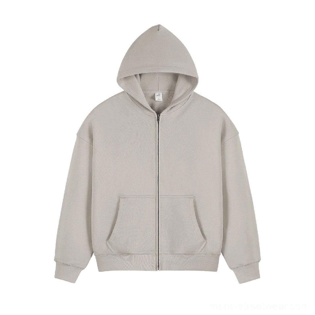 Khaki heavyweight oversized full zip cotton fleece hoodie with hood ribbed cuffs and front patch pockets