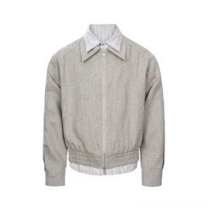Khaki layered collar linen blend two-way zip streetwear jacket front view with striped shirt collar and gathered hem