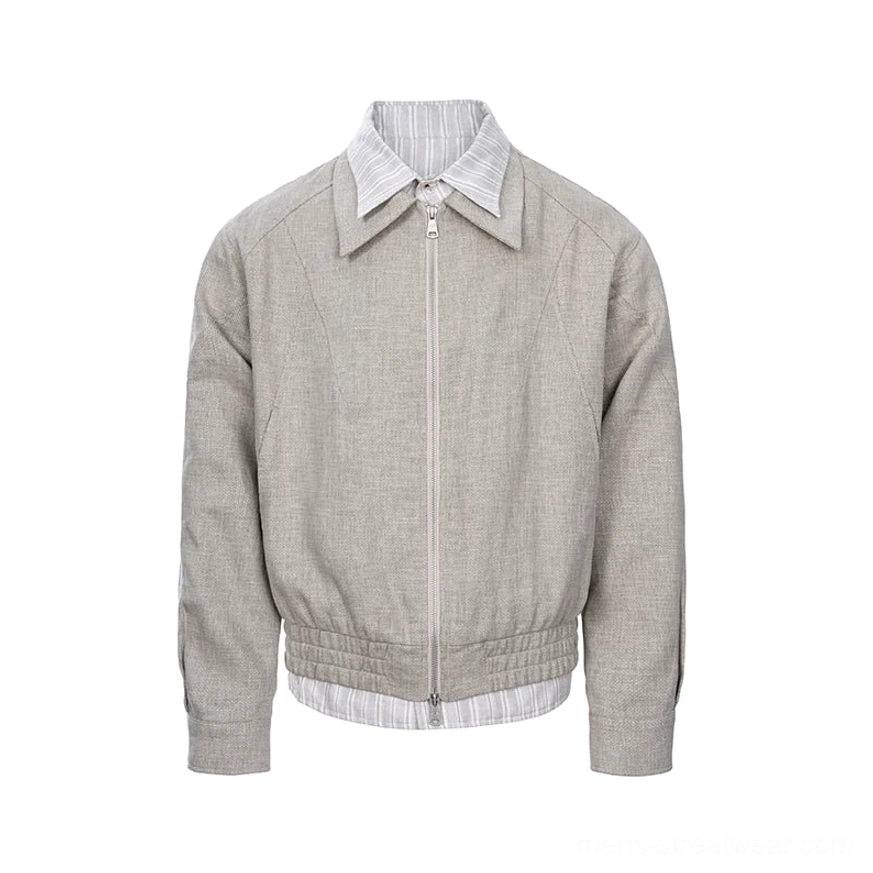 Khaki layered collar linen blend two-way zip streetwear jacket front view with striped shirt collar and gathered hem