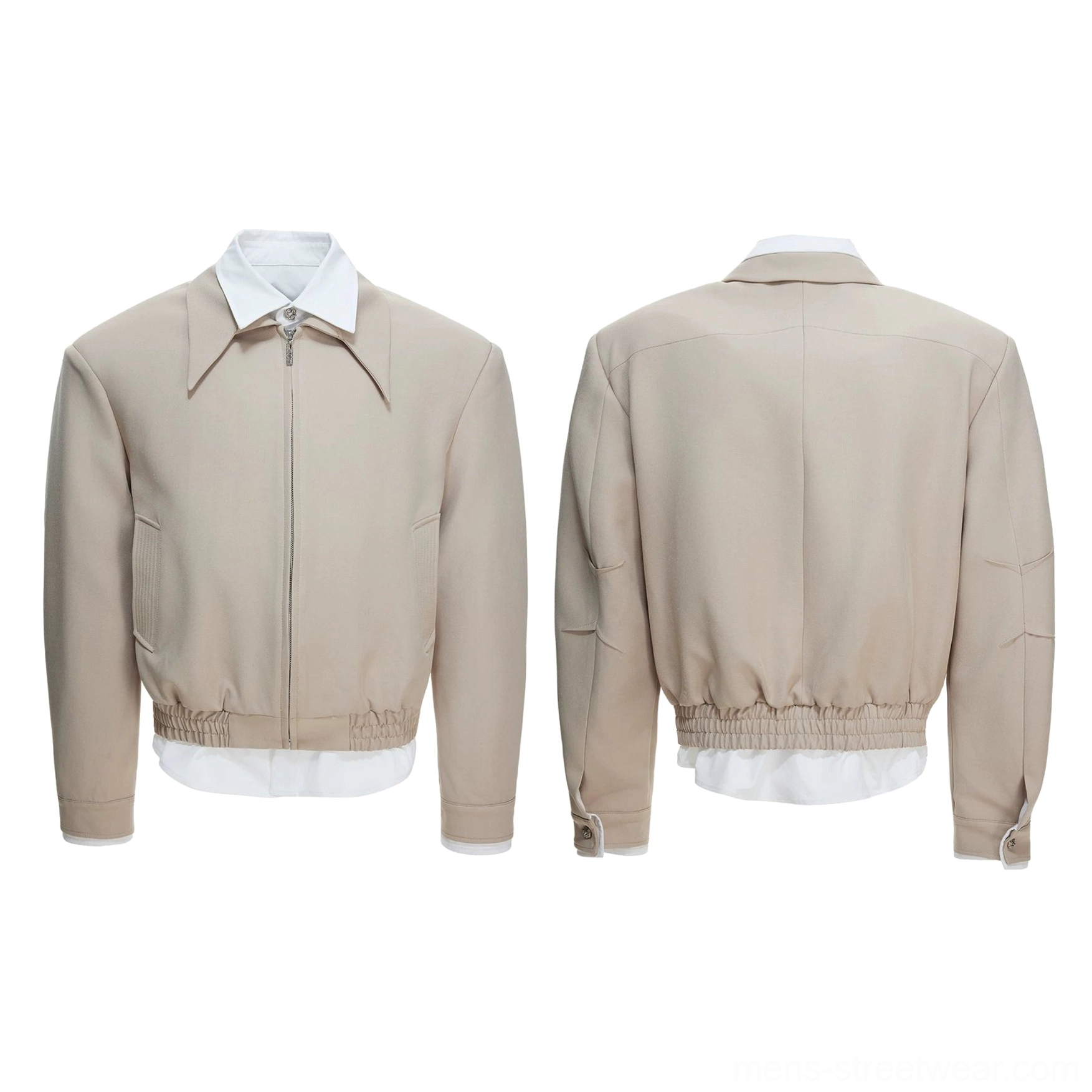 Khaki men's false-layer collar zip blouson jacket featuring a zip front, exposed shirt collar, and layered hem