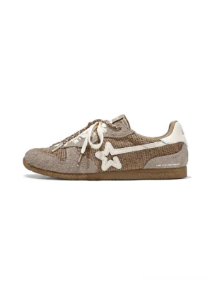 Khaki mesh star German trainer sneakers with suede overlays white star logo white heel tab and gum rubber outsole on a neutral studio background
